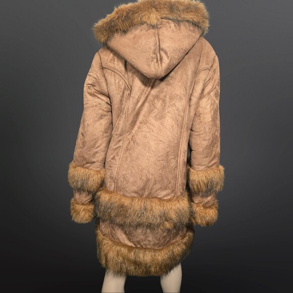 Vintage 60s 70s Penny Lane Coat Size M Boho Brown Faux Suede Faux Fur Mid Length - Picture 13 of 16
